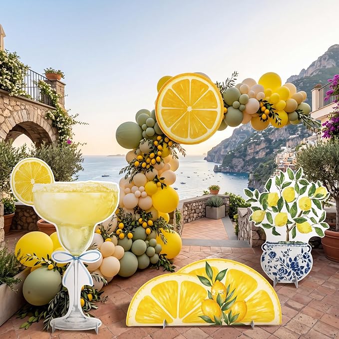 4 Pcs Large Mediterranean Lemon Party Decoration, Amalfi Coast Cardboard Cutouts, Capri Baby Shower Decor for Summer Garden Lawn Yard Sign Bridal Shower Wedding Birthday Decor Photo Prop