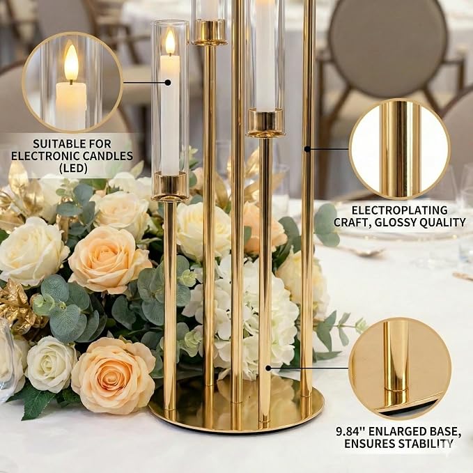 Candelabra Gold Centerpiece 5 Arms Taper Candle Holder Gold Centerpiece with Acrylic Tubes for Table Decoration Wedding Event Party Aisle Stage Home Decor (1, L)