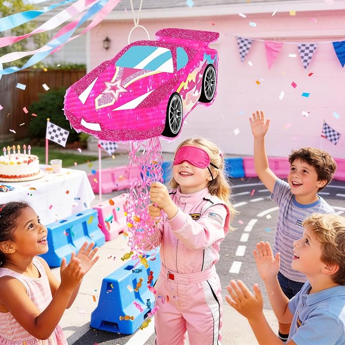WERNNSAI Pink Racing Car Piñata for Girls - Princess Dollhouse Party Supplies Piñata Bundle with Blindfold and Bat for Kids Racing Car Theme Birthday Party Game Decorations (12.4" x 16.5" x 2.9")