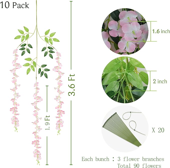 BLEUM CADE 10Pcs Pink Fake Wisteria Hanging Flowers, 3.6Ft/Pcs Artificial Wisteria Garland, Hanging Flowers for Wedding Party Home Backdrop Wall Decoration