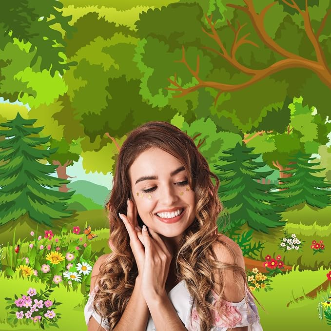 Cartoon Forest Backdrop Fairytale Jungle Forest with Flowers Mushroom Photography Background for Birthday Party Decorations Baby Shower Kids Game Portrait Photoshoot Photo Background Props 15x8ft