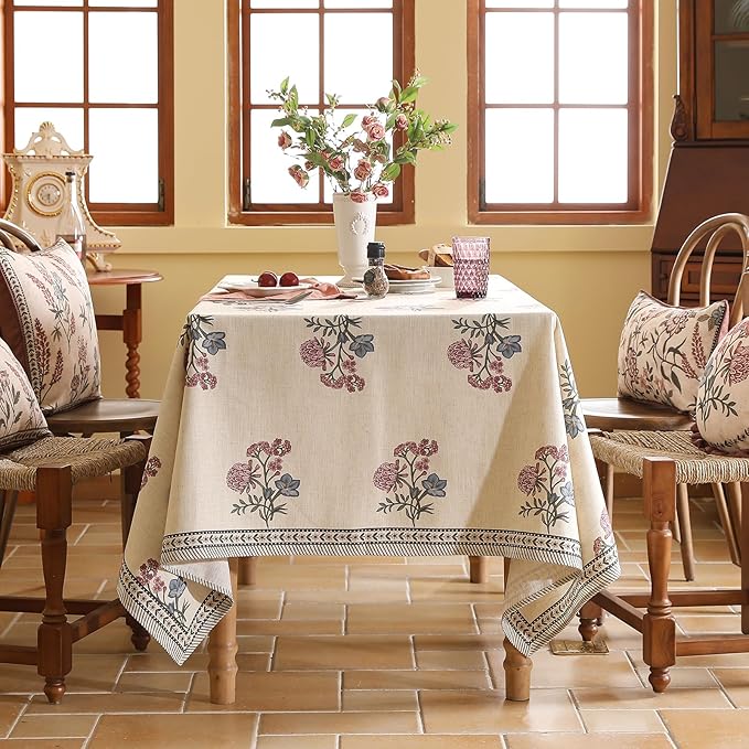 ISAENNE Designer French Linen Rectangular Tablecloth,102"x63"-Helena E | Vintage Elegant Beautiful Table Cloth for Rectangle Table,Floral Pattern,Heavyweight,Dining Room,Kitchen,Thanksgiving