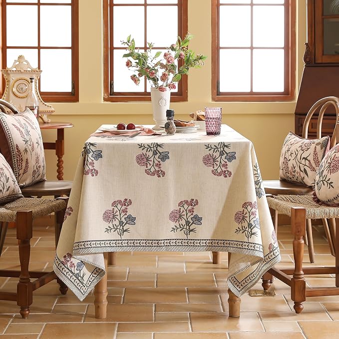 ISAENNE Designer French Linen Rectangular Tablecloth,79"x55"-Helena E | Vintage Elegant Beautiful Table Cloth for Rectangle Table,Floral Pattern,Heavyweight,Dining Room,Kitchen,Thanksgiving