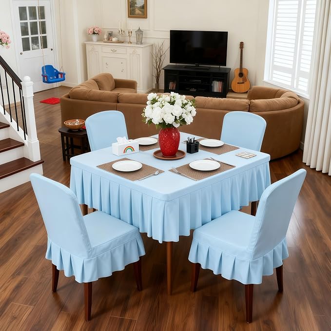 Wish Care Blue Spandex Tablecloths for 34x34 Inch Square Tables, Stretch Fitted Table Clothes with Pleated Ruffle Skirt for 34” Table, Wrinkle Free and Elastic, for Party Kitchen Home Dining