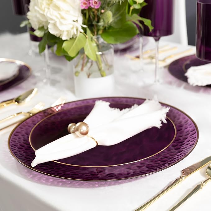 PLASTICPRO 30 Pack Hammered Plastic Plates Heavyweight Disposable Elegant Translucent Purple Hammered Platsic Party Dishes with Gold Rim (Hamered Purple With Gold Rim, 10'' INCH PLATES)