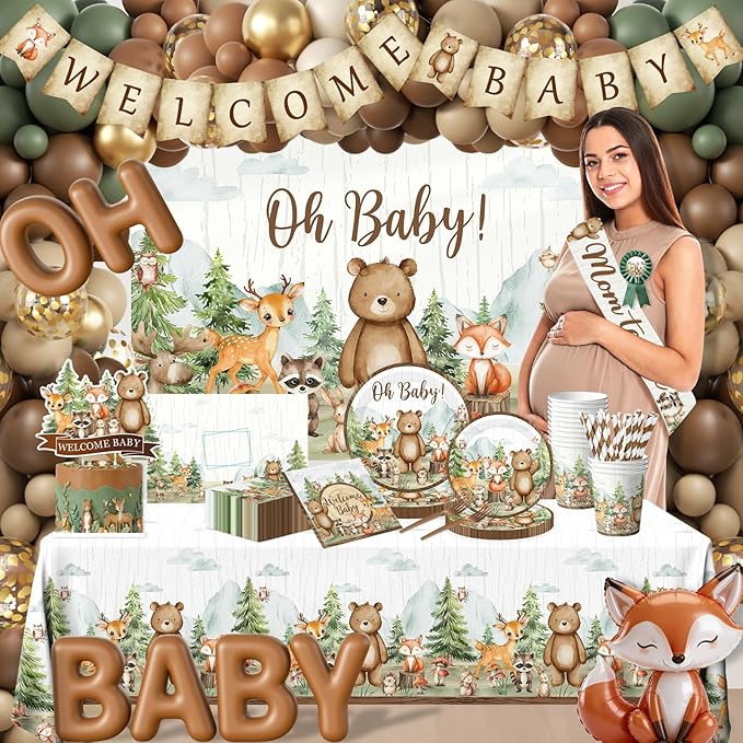 Woodland Baby Shower Decorations,273pcs Woodland Animals Baby Shower Plates and Napkin Sets Banner Backdrop Tablecloth Cake Topper Box Balloon Garland for Forest Birthday Decorations