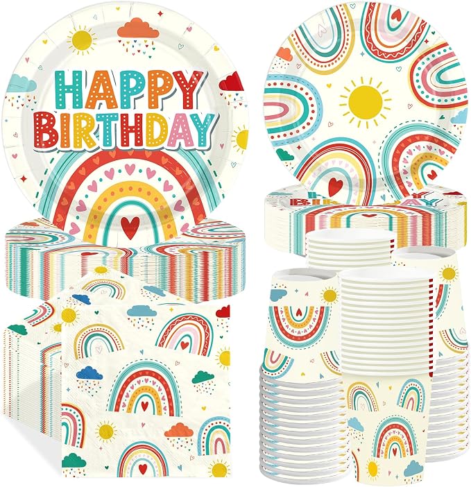 250 Pcs Retro Rainbow Birthday Party Decorations Colorful Rainbow Plates and Napkins Cups Sun Cloud Tableware Set for Boys Girls Baby Shower Boho Themed Birthday Party Supplies Serves 50