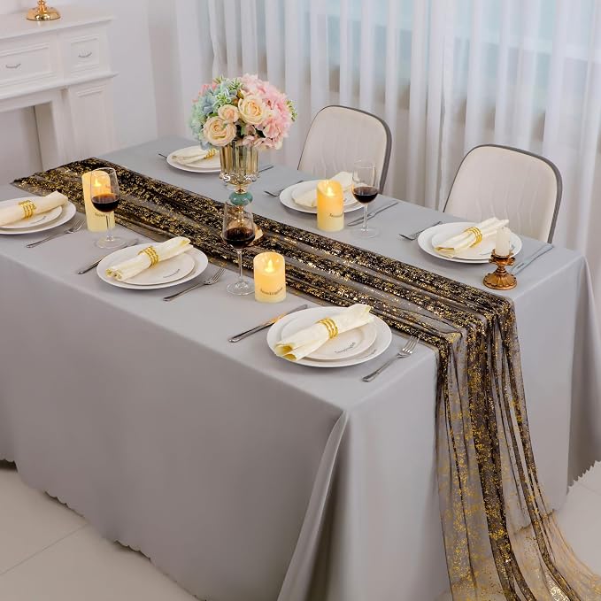 Snowkingdom 3 Pcs Black Gold Gauze Table Runner 10 FT 120 Inch, Sparkle Sheer Glitter Metallic Foil Tulle Mesh Cheesecloth Golden Table Centerpieces Decoration for Party Wedding Anniversary