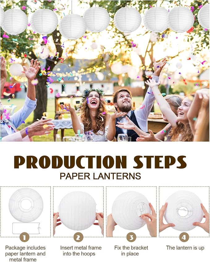 Treela 30 Pack White Chinese Japanese Paper Lanterns Decorative Hanging Round Paper Lantern Lamps for Wedding Birthday Party Decorations (8 Inch)
