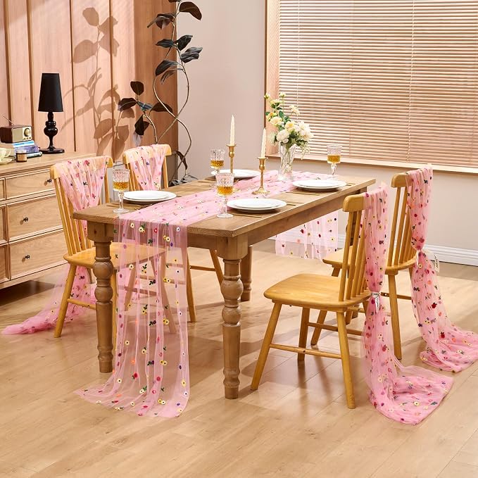 QueenDream Floral Table Runner 10FT Pink Wildflower Table Runners Linens 120 Inch Sheer Gauze Tulle Fabric for Baby Shower Home Wedding Tea Birthday Parties