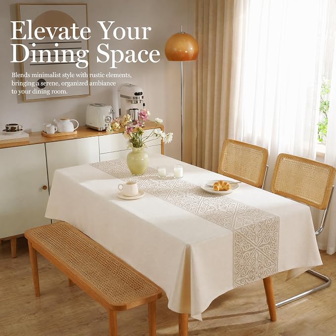 Linen Textured Tablecloth for Rectangle Tables | Heavy Duty Spillproof & Water Resistant Woven Table Cover for Farmhouse Kitchen, Dining Room, Beige
