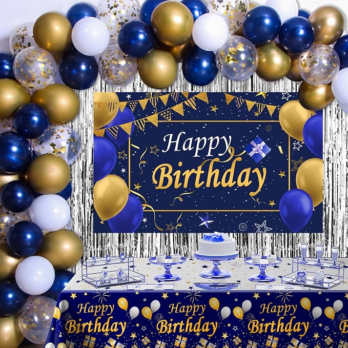 Blue and Gold Birthday Decorations for Men Women, Happy Birthday Decorations fo Boys Girls Party Decoration Backdrop & Tablecloth Balloons Arch Kit Confetti Balloons Foil Fringe Curtains Table Cover