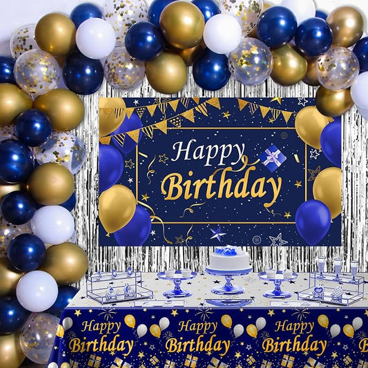Blue and Gold Birthday Decorations for Men Women, Happy Birthday Decorations fo Boys Girls Party Decoration Backdrop & Tablecloth Balloons Arch Kit Confetti Balloons Foil Fringe Curtains Table Cover