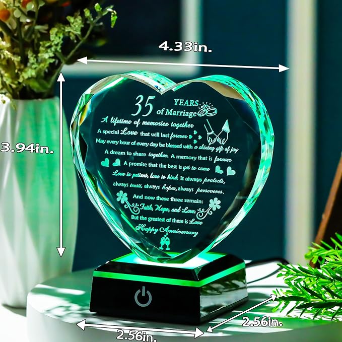 35th Wedding Anniversary Crystal Gifts for Couples Parents with Colorful LED Base, Happy 35th Anniversary Keepsake Gifts for Her Him, Romantic 35 Years of Marriage Heart Gift for Wife Husband
