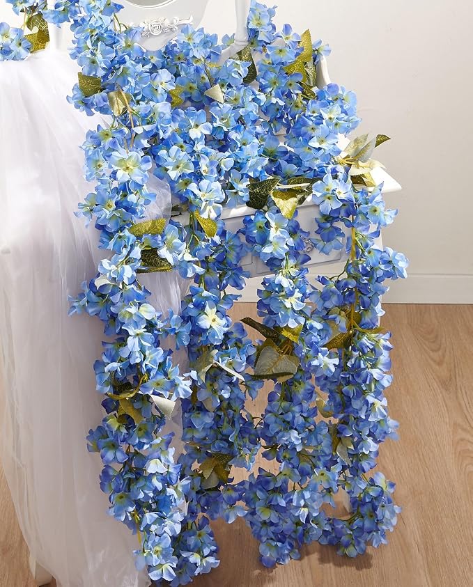 PONKING Flower Garland, Artificial Hydrangea Vine Flowers, Hanging Fake Hydrangeas Vine for Room Anniversary Wedding Birthday Christmas Wall Arch Decor, 2 Pcs, Floral Garland, Blue Flower