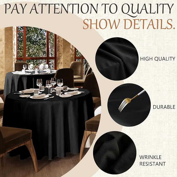 90x90 Table Cloth - 8 Pack Round Black Washable Stain and Wrinkle Resistant Polyester Table Cover for Dining Tables, Various Parties and Camping (Black)