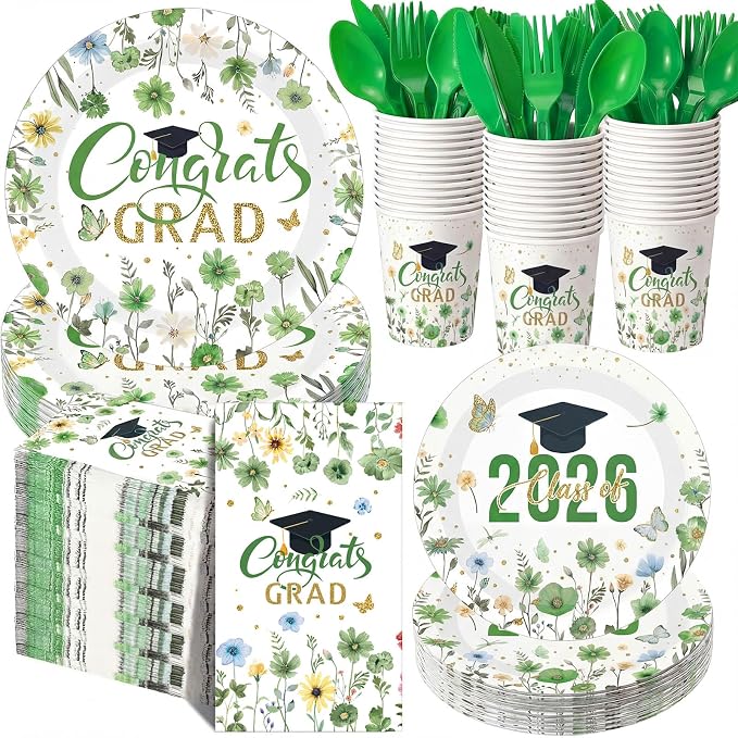 400 Pcs Class of 2026 Sage Green Floral Graduation Decorations for 50, Green and Gold Graduation Paper Plates Napkins and Cups Cutlery Grad Tableware for 2026 Congrats Grad Party Supply