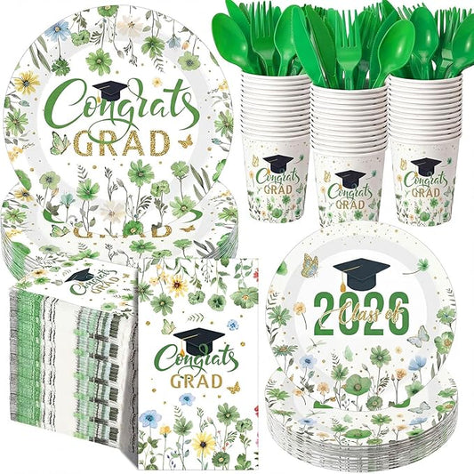 400 Pcs Class of 2026 Sage Green Floral Graduation Decorations for 50, Green and Gold Graduation Paper Plates Napkins and Cups Cutlery Grad Tableware for 2026 Congrats Grad Party Supply