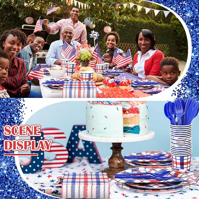 Shellwei 350 Pcs 50 Guests 4th of July Patriotic Tableware Set Red White Blue Buffalo Plaid Disposable Paper Plates, Napkins, Cups & Plastic Utensils for Independence Memorial Day Party Decorations