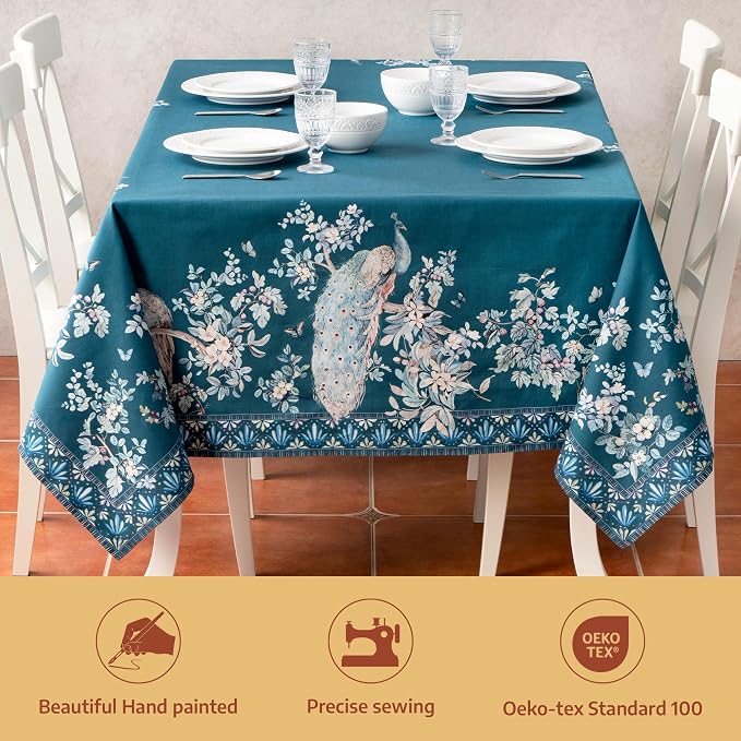 Maison d' Hermine Premium Table Cloth Rectangle Table 100% Combed Cotton 140 x 70 Inches Tablecloth Reusable Decorative for Dining Room, Farmhouse, Party, Festive & Wedding - Peacock Utopia - Deep Sea