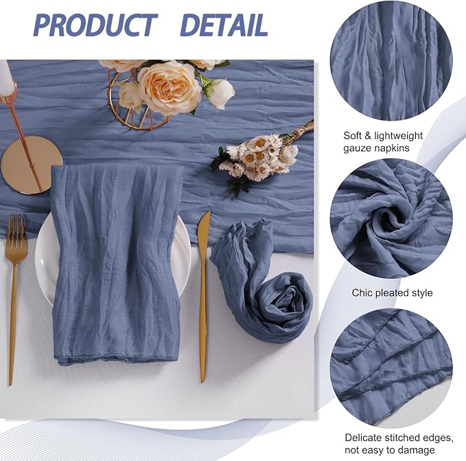 LZY 60 Pack Gauze Cheesecloth Napkins 20x20 Inch Dinner Cloth Napkins, Soft Boho Table Napkins Rustic Wrinkled Cheese Cloth Napkins Bulk for Wedding Party Baby Shower Event Decor (Dusty Blue)