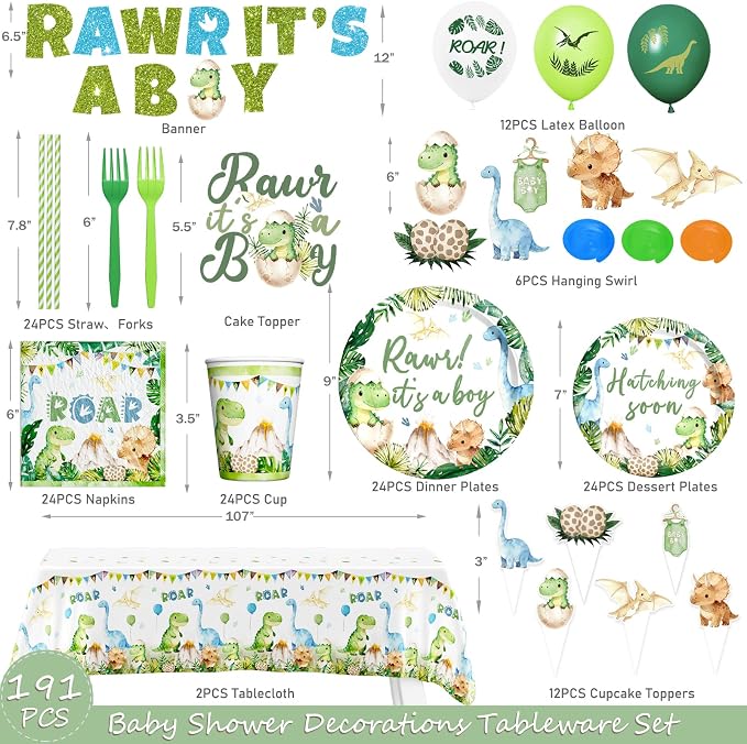 Hombae Dinosaur Baby Shower Decorations Boy, Hatching Soon Baby Shower Party Supplies with Rawr It's a Boy Tableware, Plates, Napkins, Hanging Swirls for Boys Dino Theme Party, Serves 24