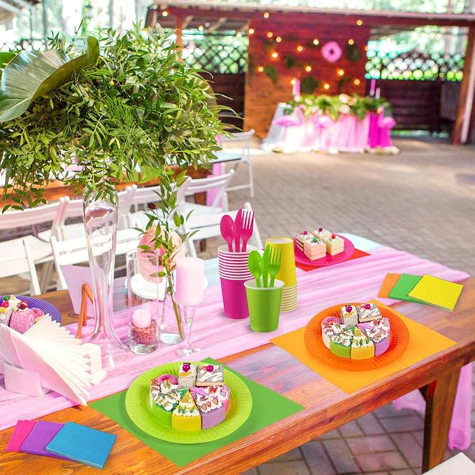 Ziliny 420 Pcs Rainbow Neon Party Supplies Paper Plates and Napkins 9 oz Paper Cups Forks Knives Spoons Disposable Tableware for Rainbow Birthday Party Supplies, Serves 60(Rose Red, Purple, Yellow)