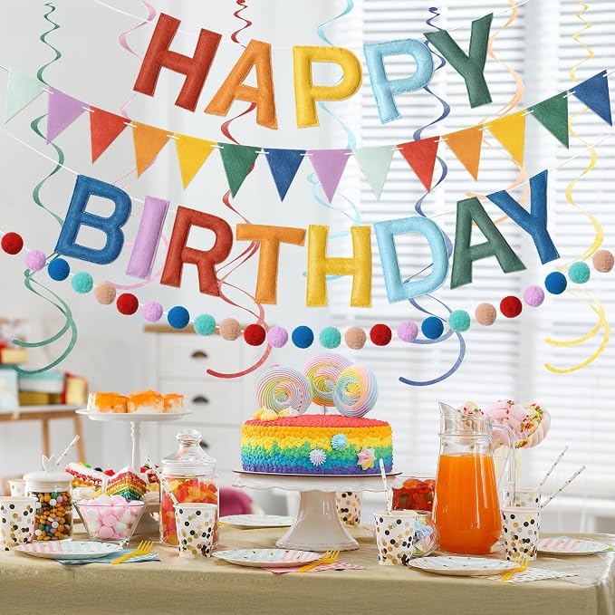 Kriyokiaa Pre-Strung Felt Happy Birthday Banner Retro Boho Rainbow Happy Birthday Party Decorations with Pom Pom Garland, Flag and Hanging Swrils for Women Men Boys Girls Party Decor