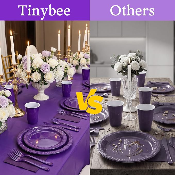 352 Pcs Purple Plastic Plates Party Set, 50 Guests Disposable Dinnerware Set with Deep Purple Tablecloths, Royal Deep Purple Plastic Plates Party Set for Wedding/Luxury Banquet/Anniversary/Gala