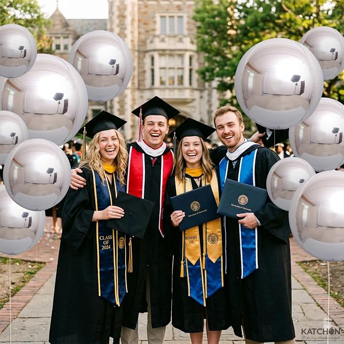 Metallic Silver Balloons - 22 Inch, Pack of 14 | 4D Round Foil Balloons for Silver Party Decorations | Silver Balloons For Birthday Decorations, Disco Party Decorations | KatchOn