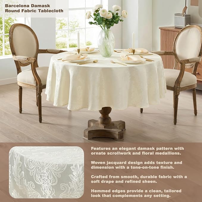 Newbridge Barcelona Luxury Damask Fabric Tablecloth, 90” Round, Antique White, 100% Polyester, No Iron, Soil Resistant Dining Room, Party and Banquet Table Cover