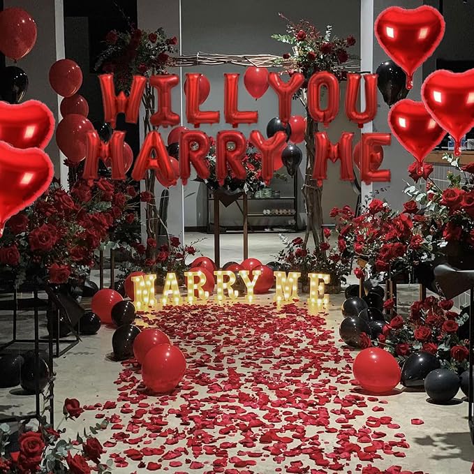 2 Set Red WILL YOU MARRY ME Balloons - 28pcs 16" Letter Balloons 10pcs 18" Heart Balloons with 1200pcs Red Artificial Rose Petals Alphabet Foil Mylar Balloons for Valentines Day Decorations