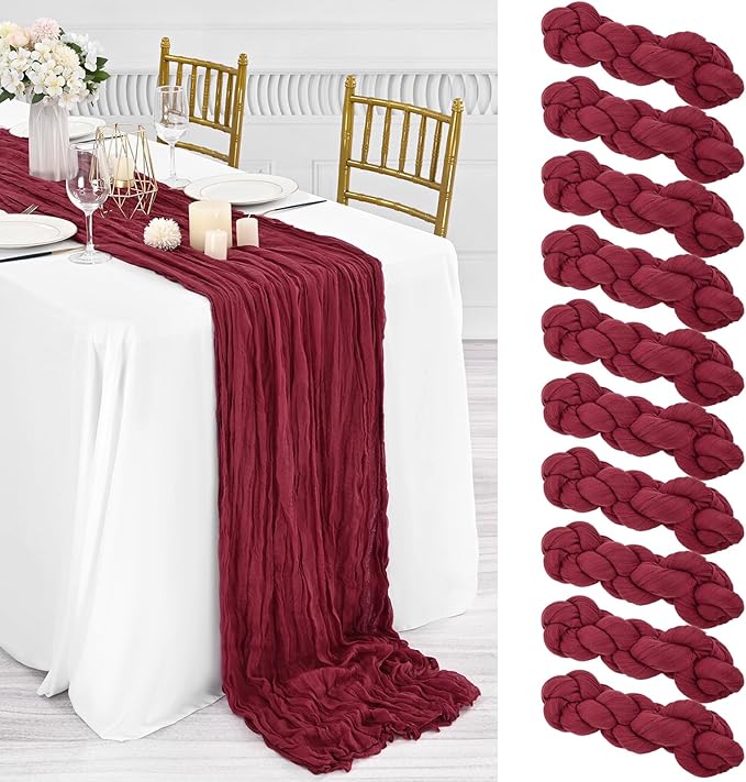 10 Packs Burgundy Cheesecloth Table Runner,10Ft x 35" Wine Red Rustic Gauze Boho Wedding Table Runner Decoration, Wedding Table Decor Table Cloth for Wedding Party Bridal Shower Table