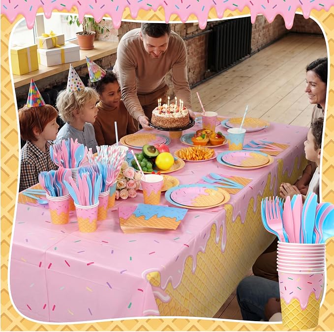 LemonRoad 452 Pcs Ice Cream Party Decorations for 50 Disposable Ice Cream Cone Tableware Set Paper Plate Cup Napkin Tablecloth Fork Straw Spoon Supplies for Birthday Sweet Summer Baby Shower Dinner