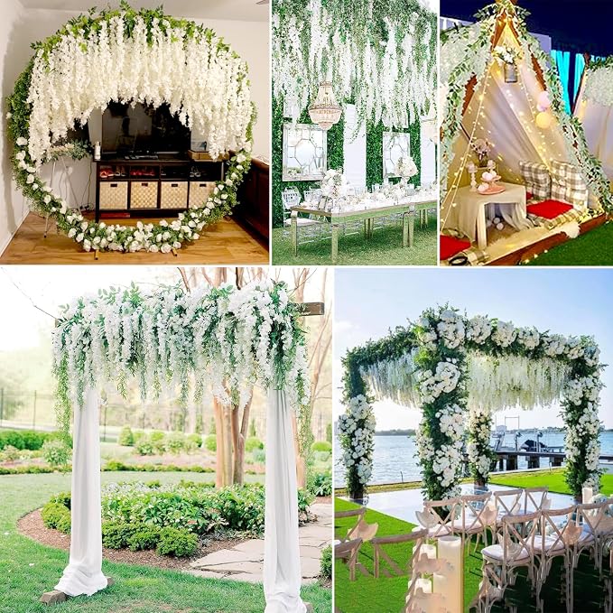 12 Pack White Wisteria Hanging Flowers Garland, 3.77 Feet Artificial Flower Vines, Fake Wisteria, Artificial Vines Hanging Garland for Backdrop Outdoor Yard Garden Decor