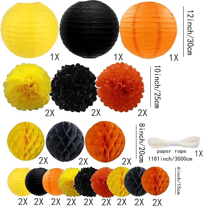 WOLHOWLTD ConstructionTheme Paper Decoration Set - 33 Pcs Paper Lanterns, Pompoms, Honeycomb for Construction Theme, Baby Shower, Rainbow Birthday Party Home Decoration(Yellow Black Orange)