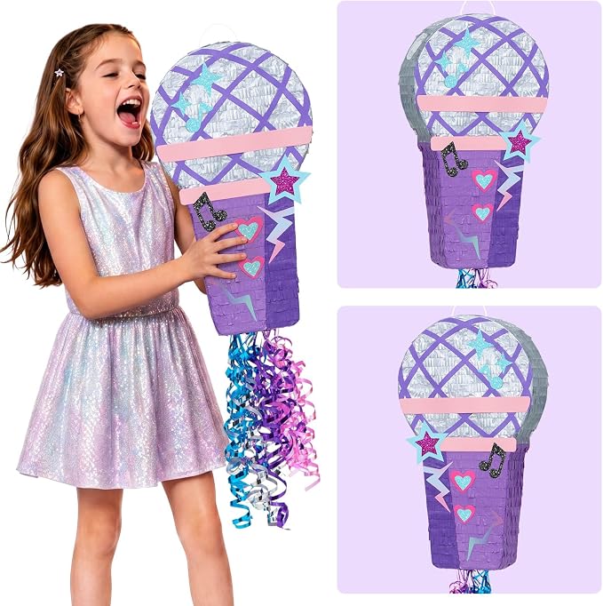 WERNNSAI Microphone Piñata - Purple Pink Pull String Piñata, Stick and Blindfold, Girl Party Game Supplies for Birthday, Kpop Party, Carnivals Games Decor (16.5"x9.1"x3")