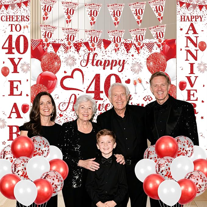 Red Happy 40th Anniversary Decorations for Men Women, Red White 40th Wedding Anniversary Party Decorations Banner, Porch Banner, Triangle Flag, Tablecloth and Balloons Kit Party Supplies