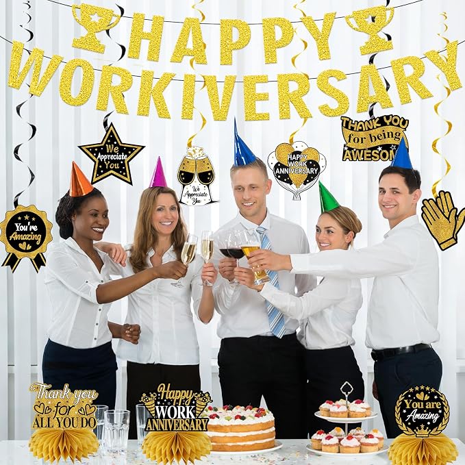 Zirtorei Happy Workiversary Decorations for Men Women Employee, 11pcs Black Gold Work Anniversary Banner Party Supplies, Workiversary Honeycomb Centerpieces Hanging Swirls Business Gift for Office