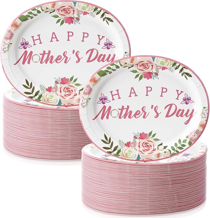 Jenaai 100 Pcs Mothers Day Oval Paper Plates Mothers Day Party Decorations 12.6" x 10.6" Happy Mother's Paper Plates Heavy Duty Plate Floral Disposable Tableware Set for Mother's Party Supplies