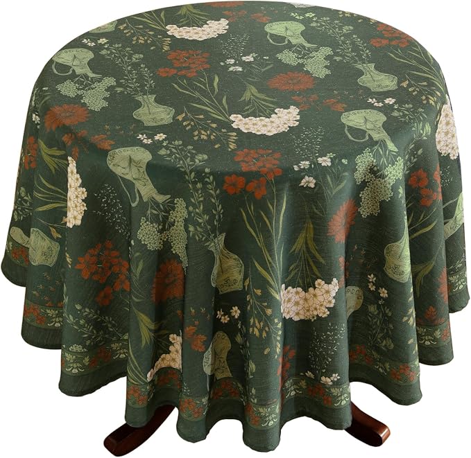 ISAENNE Designer Linen Green Round Tablecloth,Diameter 67"-Nocturne | Vintage Elegant Table Cloth for Round Table,Floral Pattern,Decoration,Heavyweight,Dining,Kitchen,Tea Party,Thanksgiving