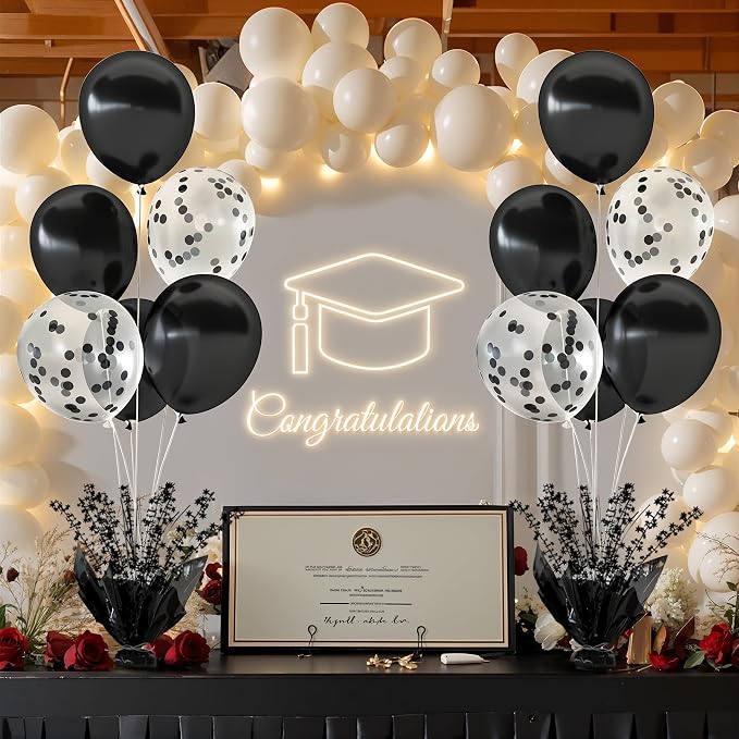4 Set Black Table Balloons Foil Spray Centerpiece with Black and Confetti Balloons Stand Kit for Birthday Party Baby Shower Wedding Bridal Shower Prom Retirement Graduation Table Decorations