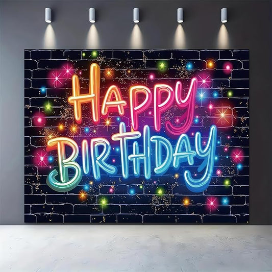 7x5ft Neon Happy Birthday Photography Backdrops Glow in The Dark Brick Wall Funny Graffiti Colorful Painting Splatter Photo Background Polyester Fabric Photo Shoot Props Supplies Decoration