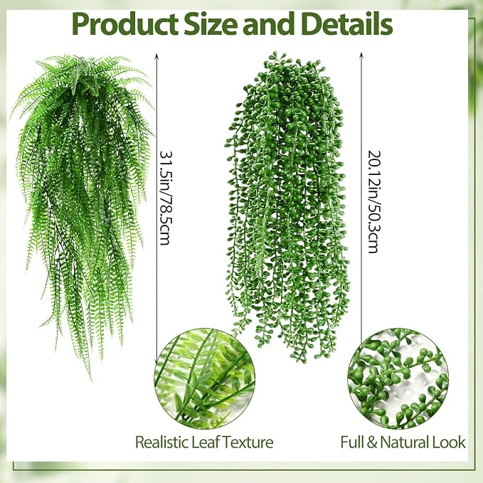 Daifunli 12 Pcs Artificial Hanging Plants Fake Hanging Ferns Plastic Fake Plant for Wall Room Garden Garland Indoor Outdoor Decor No Basket (Boston Ferns,String of Pearls)