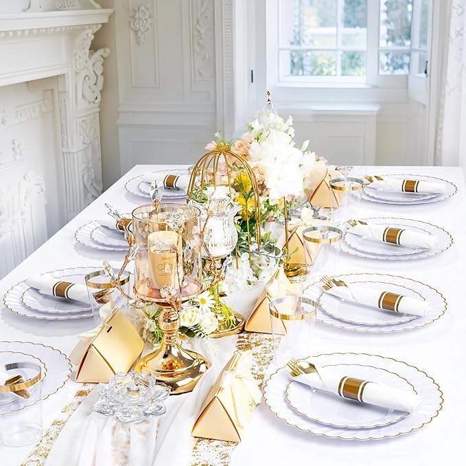 YOUBET 350PCS Gold Scalloped Plastic Plates - White and Gold Disposable Dinnerware Set Include 100 Plates, 150 Gold Silverware, 50 Cups, 50 Napkins for Wedding Party