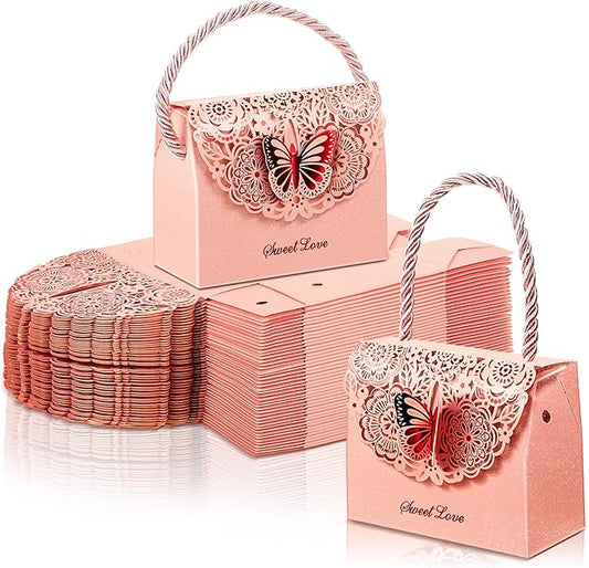 Outus 50 Pcs Butterflies Purse Party Favor Bags Favor Boxes Butterfly Goodie Bags Candy Party Treat Boxes for Wedding, Birthday, Bridal Shower Gift Supplies(Pink)