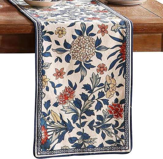 patdrea Designer Blue Cottage Rustic Floral Patterned Linen Table Runner 87 Inch Long,Wrinkle Resistant Table Mat,Decoration for Kitchen Dining and Coffee Tables Banquet Christmas , 12"x87"