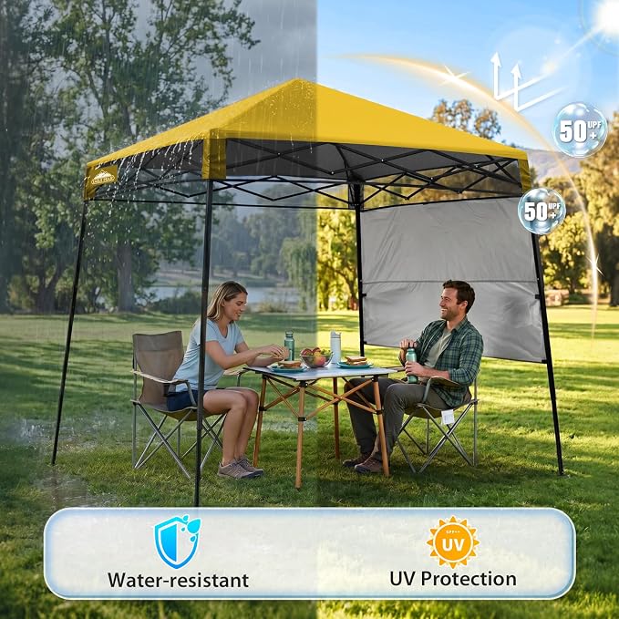 EAGLE PEAK 8x8 Pop Up Canopy Tent with Sidewall, Compact, Portable Slant Leg Instant Sun Shelter for Beach, Sports, & Camping, 8x8 Base 6x6 Top, Yellow