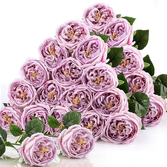 Giegxin 20 Pcs Real to Lifelike Peonies Austin Roses Artificial Flowers, Faux Look Real Long Stems Fake Flower with Big Blooms for Christmas Valentines Wedding DIY Arrangement Home Decor(Light Purple)