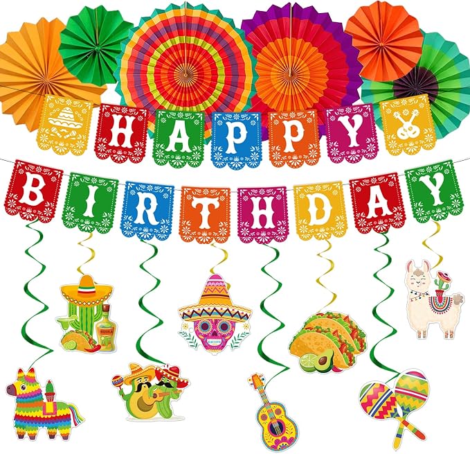 Rakuto Mexican Fiesta Party Decorations, 16PCS Mexican Happy Birthday Banners with Hanging Swirls Decorations, Taco Themed Paper Fans Bday Decor Supplies